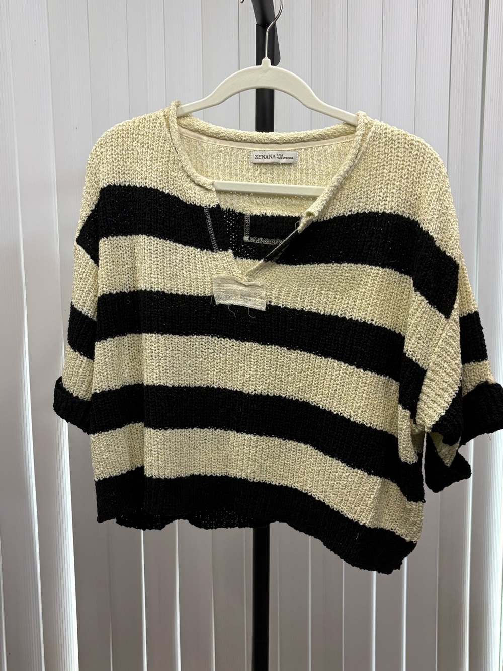 Zenana Outfitters Black and Cream Wide-Stripe Scoop Neck Sweater
